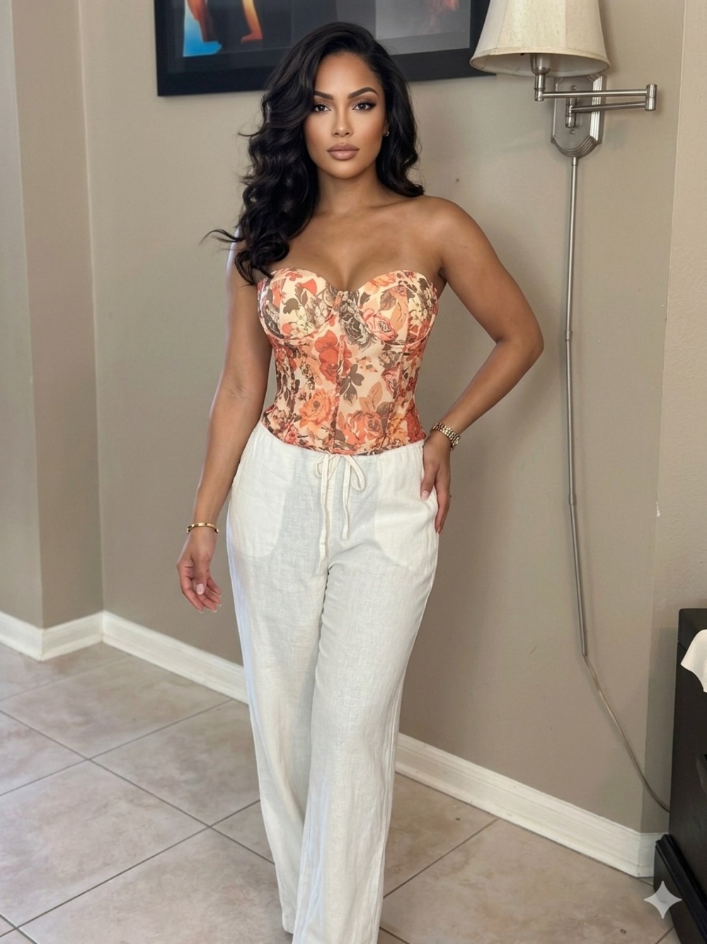 Floral Corset Bustier Top in Peach-Orange